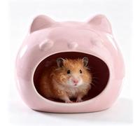 Cat-Shaped Ceramic Hamster Hideout, Summer Cooling Pet Cave, Easy-Clean Colorful Habitat Decor For, Gerbil Mice, Guinea Pig(Pink)