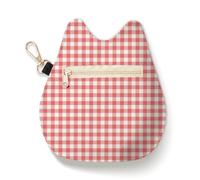 Cat-Shaped Coin Purse, Gingham Mini Zipper Change Pouch with Keychain, Coin Pouch Small Wallet for Women, Blush Pink