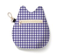 Cat-Shaped Coin Purse, Gingham Velvet Change Pouch with Keychain, Portable Coin Pouch Small Wallet for Women, Dark Purple