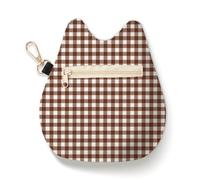Cat-Shaped Coin Purse, Gingham Velvet Change Pouch with Keychain, Portable Coin Pouch Small Wallet for Women, Brown, Daily