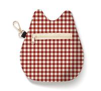 Cat-Shaped Coin Purse, Gingham Velvet Change Pouch with Keychain, Portable Coin Pouch Small Wallet for Women, Red