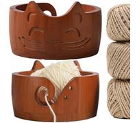 Cat Shaped Wooden Yarn Bowl, Portable Knitting Yarn Organizer with Hook Holder, Multi-Function Crochet Accessories Storage Bowl 17x10cm for Crafters (Vintage)