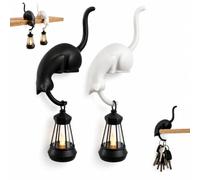 Cat Shelf Hook with Vintage Lantern,Bookshelf Lantern Light，Black | Resin Cat Shelf Sitter,Stable Edge-Sitting Design,Wall-Mounted Key Hook for Reading Corners & Entryway Hallway Dercor (Black White)