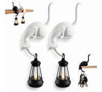 Cat Shelf Hook with Vintage Lantern,Bookshelf Lantern Light，Black | Resin Cat Shelf Sitter,Stable Edge-Sitting Design,Wall-Mounted Key Hook for Reading Corners & Entryway Hallway Dercor (White 2PC)