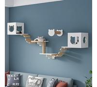 Cat Shelves for Wall,Wooden Cat Wall Furniture Set with Climbing, Scratching, & Resting Zones,with Climbing Shelves, Perches, Bridge,Hammock,Scratching Board(8PCS)