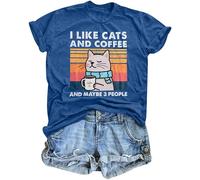 Cat Shirt I Like Cats and Coffee and Maybe 3 People Graphic T-Shirt Vintage Cat Lover Shirts Retro Coffee Lover Gift Tee Tops, Light Blue, XXL
