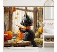 Cat Shower Curtain, Autumn Leaves Orange Yellow Cozy Bathroom Decor, Fall Winter Cute Cartoon Fabric Shower Curtain with Hooks 62x72 Inch