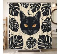 Cat Shower Curtain, Modern Minimalistic Leaf Moon None Black Polyester Waterproof Bathtub Cloth Curtains Decor for Toile Bathroom Dorm 62x72 Inch