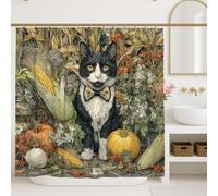 Cat Shower Curtain, Vintage Black White Feline with Bow Tie Autumn Pumpkin Decor, Fall Holiday Fanciful Bathroom Accessory, Waterproof Fabric with Hooks 72x72 Inch