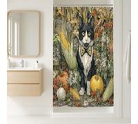 Cat Shower Curtain, Vintage Black White Feline with Bow Tie Autumn Pumpkin Decor, Fall Holiday Fanciful Bathroom Accessory, Waterproof Fabric with Hooks 36x72 Inch