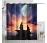 Cat Shower Curtain with 12 Hooks Sunset Moon Silhouette Cute Animal Nature Air Sky Hight Cloud Blue and Burnt Orange Polyester Waterproof Washable Bathroom Dorm Home Fabric Shower Curtain 62x72Inch