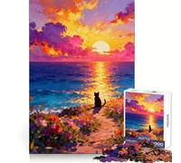 Cat Silhouette at Sunset Ocean View Jigsaw Puzzles for Adults1000 Pieces Reasoning Practice Peaceful Hobby Premium Edges Unique Xmas Gift size 38x52cm