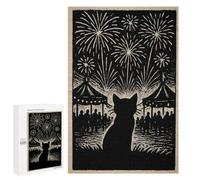 Cat Silhouette Fireworks Celebration Family Jigsaw Puzzle, 1000 PCS, for Adults And Families, A Satisfying Project for Experienced Puzzlers, at Home