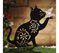 Cat Silhouette Light Up Ornament - Solar Powered Garden Stake Light Sculpture with Illuminated Butterfly - Outdoor Lawn, Plant Pot, Pathway, Border Decoration, Measures 43 x 33 x 11.5cm