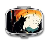 Cat Silhouette Pill Box 2 Compartment, Portable Pill Case with Mirror for Pocket Purse Travel, Mini Metal Medicine Organizer for Vitamins Fish Oil