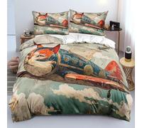 Cat Single Duvet Cover Set, Aeroplane Duvet Cover Sets with Zipper Closure, Soft Microfiber Bedding Set, with 2 Pillow Cases 50x75 cm, for Use with Teenage and Adults
