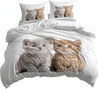 Cat Single Duvet Cover Set Cute Pets Bedding Soft Microfiber Duvet Cover Single 135 x 200 cm 3D Quilt Cover with Zipper Closure and 2 Pillowcases b.4085