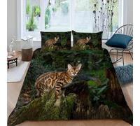 Cat Single Duvet Cover Sets Green Woodland Bedding Single Bed Set 3D Print Ultra Soft Microfiber Quilt Cover 155 x 220 with Zipper Closure and 2 Pillowcases G-2902