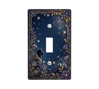 Cat Single Light Switch Cover Plate, Fanciful Nature-Inspired Flowers Leaves Fall Navy Blue Plastic Standard Size Switch Plate Decorative for New Apartment Home Bedroom Office Decor (Single)