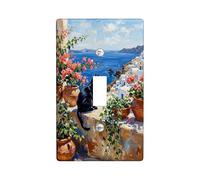 Cat Single Light Switch Cover Plate, Mediterranean Coastal Flowers Pots Summer Blue Plastic Standard Size Decorative Wall Plates for Bedroom Bathroom Kitchen Entrance Decor (Single)