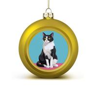 Cat Sit Down Christmas Tree Ornaments 1.6 Inch Shatterproof Pc Plastic Balls with Lanyard Baubles Hanging Christmas Ball Ornaments for Xmas Tree Holiday Party Wedding Home Decorations-Golden
