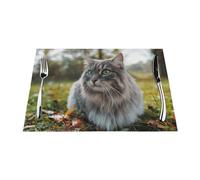 Cat Sit On Green Lawn Look Sideways Washable Pvc Place Mats, Non-Slip Rectangle Placemats For Kitchen Dining Table, Heat Insulation Table Mats 45x30cm (18x12inches)