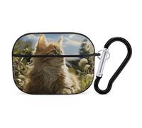 Cat Sitting in Green Field Airpod Pro Case Cover Wireless Earbuds Case Protective Cover with Keychain Compatible with AirPods 1st & 2nd Generation Full Protective, Front LED Visible Black