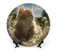 Cat Sitting in Green Field Bone China Decorative Plate 7inch Ceramic Dinner Plates with Display Stand Decorative Plates for Display Porcelain Plate for Wall Hanging Personalized China Dinnerware