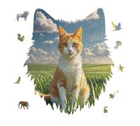 Cat Sitting in Green Field Jigsaw Puzzle 175PCS Wolf Head Design Puzzle Wooden Jigsaw Puzzles for Adults Families