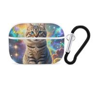 Cat Sitting Inside Nebula Case Cover with Keychain Shockproof Hard Shell Protective Case for 2nd/1st Generation Case for Women Men Bluetooth Earbuds Case