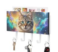 Cat Sitting Inside Nebula Key Holder Wall Mounted, PU Leather Key Hanger with 5 Hooks, Self Adhesive Keys Holder for Entryway, Kitchen, Bathroom Decor