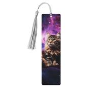 Cat Sitting Inside Nebula Wood Bookmark for Book Lovers Birthday Teachers Gift, Handmade Craft Book Marks Ornaments with Tassel Exquisite Reading Page Markers for Men Women