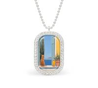 Cat Sitting on A Greek Terrace Rectangle Pendant Necklace Silver Women Jewelry Alloy Keychain Tag Jewelry