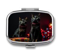 Cat Sitting on Gift Box Pill Box 2 Compartments Portable Travel Pill Case Mini Medicine Organizer for Pocket Purse Metal Waterproof Medicine Container Holder Vitamin Fish Oil