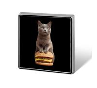 Cat Sitting on Hamburger Print Square Badge Metal Decorative Brooches 0.7 Inch Funny Lapel Pin Gift for Backpack Clothing