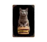Cat Sitting on Hamburger Vintage Art Sign Metal Hanging Plate Funny Vertical Artwork Poster Wall Decor for Home Bar Club