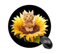 Cat Sitting on Sunflower Cute Mouse Pad with Non-Slip Rubber Base Round Mouse Mat Office Supplies