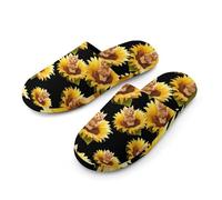 Cat Sitting on Sunflower Flannel Men's Slip-on Slippers Winter Warm House Shoes with Rubber Sole for Home Hotel