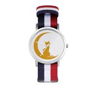 Cat Sitting on The Moon Nylon Wrist Watches Braided Stra Non-Scale Casual Watch for Work Workout