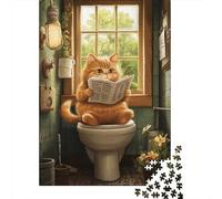 Cat Sitting on Toilet And Reading Newspaper Puzzle Premium 100% Recycled Board 100% Recycled Cardboard Jigsaw Puzzle for Kids And Adults Age 12 Years Up 1000pcs (38x26cm)