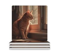 Cat Sitting on Windowsill Square Ceramic Stone Coaster Absorbent Drink Coaster with Cork Base Heat-Resistant Beverage Cup Mats for Hot Cold Drinks Bar Home Office Table Decor