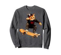 Cat Skateboard/Skater Cat Sweatshirt, Adult Unisex, Dark Heather Grey, X-Large