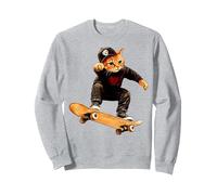 Cat Skateboard/Skater Cat Sweatshirt, Adult Unisex, Heather Grey, Medium