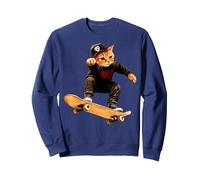 Cat Skateboard/Skater Cat Sweatshirt, Adult Unisex, Navy Blue, X-Large
