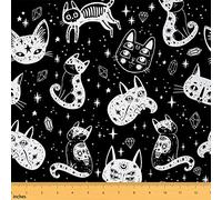 Cat Skeleton Fabric by The Yard,Starry Galaxy Exotic Style Upholstery Fabric for Chairs,Halloween Theme Gothic Skull Print Decorative Waterproof Outdoor Fabric,1 Yard,Black White
