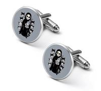 Cat Skull Death Cufflinks for Men Classic Round Cuff Links Black Match Tie Clips for Business Wedding Graduation 1.7cm