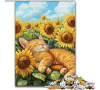 Cat Sleeping in Sunflower Field 1000 Piece Jigsaw Puzzles for Teenagers, Interesting Stress Reduction Parent-child Interaction (26x38cm)