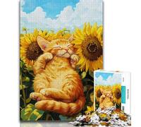 Cat Sleeping in Sunflower Field Puzzles for Adults Teens 1000pc Puzzle,Help The Brain Exercise Addictive Toys to Cultivate Patience Parent-child Interaction (75x50cm)