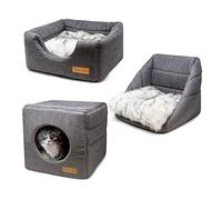 Cat Small Dog Cosy Cube Igloo Bed, 3-in-1 Foldable Grey Pet Kitten Puppy Soft Cave Bed, Machine Washable with Reversible Cushion - 35 x 35 x 35cm