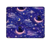 Cat Small Mouse Pad, Fanciful Fantasy Moon Clouds Halloween Navy Blue Square Rubber Smooth Mini Travel Desk Mousepad Desk Decor for Office Home Dorm Laptop Square 8x10 Inch